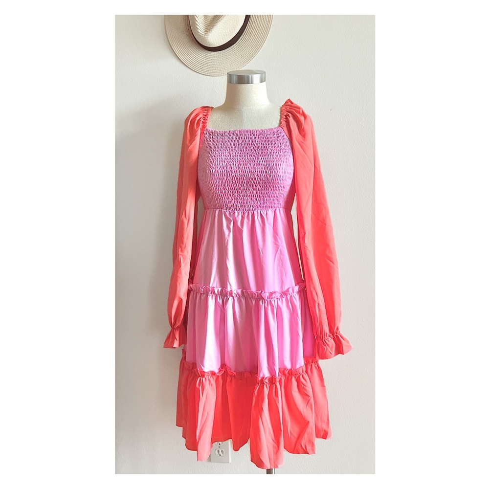 Pink/Orange Color-block Smocked Dress